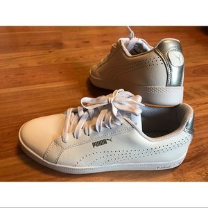 PUMA chunky white sneakers with silver accents